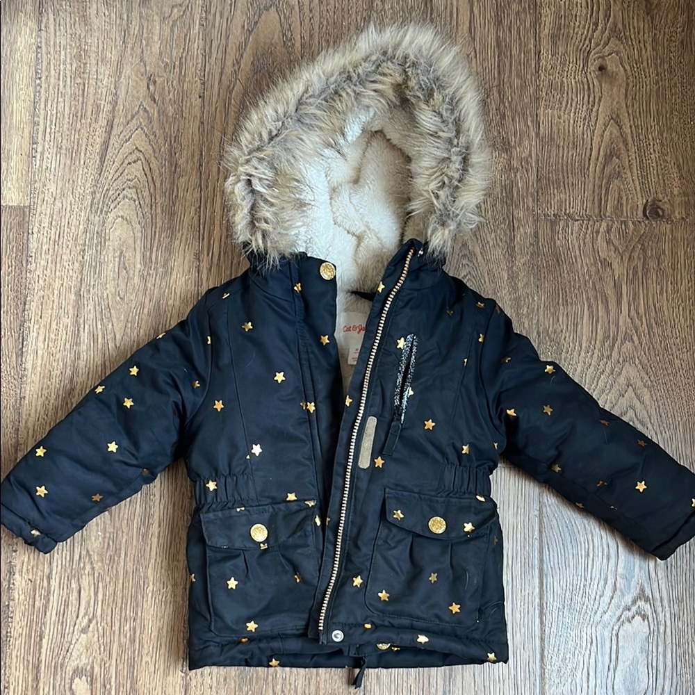 Black Jacket with Gold Stars and Faux Fur Hood